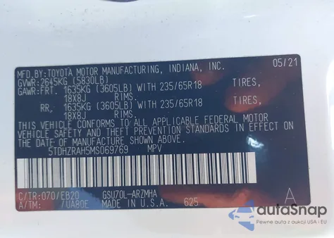 2021 Toyota Highlander Xle z USA, uszkodzony, nr VIN 5TDHZRAH5MS069769